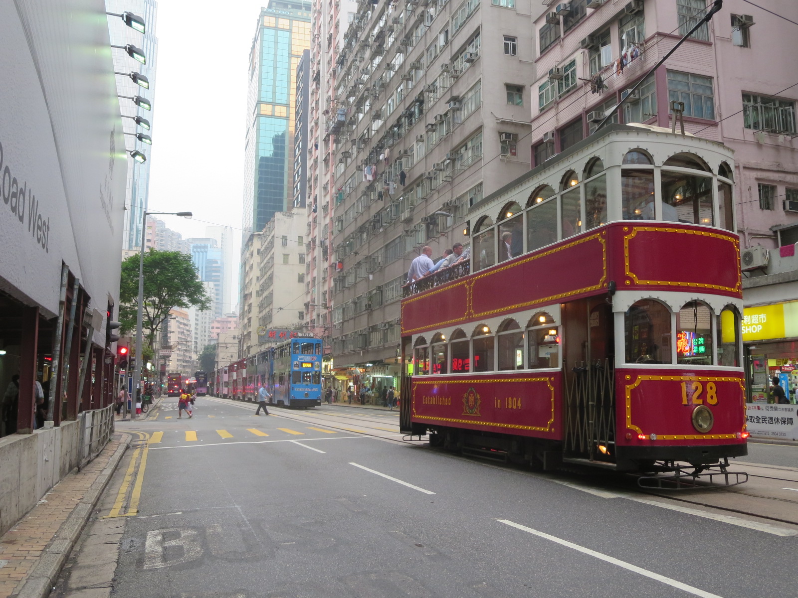 A vintage double-decker tram in Hong Kong