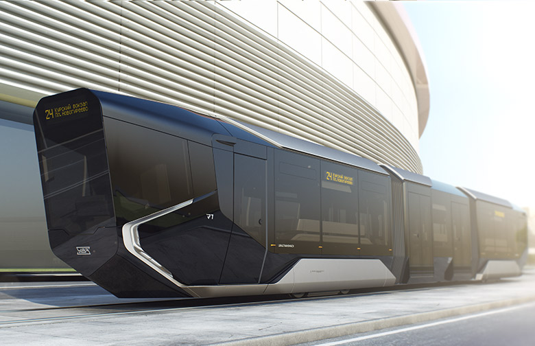 An artistic rendering depicts a sleek, modern black tram